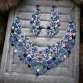 Retro Wedding Jewelry Blue Flower Rhinestone Crystal Necklace Earrings Set Bridal Party Gift