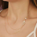 Simple Fashion Women Forest girl Two layer Gold-plated Metal Leaves Pearl Necklace Clavicle Chain