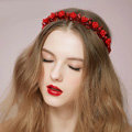 Vintage Bridal Wedding Alloy Red Pearl Flower Rhinestone Crystal Bride Ribbon Headband Hair Accessories