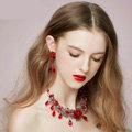Vintage Wedding Bridal Jewelry Alloy Flower Red Pearl Rhinestone Crystal Bead Necklace Earrings Set