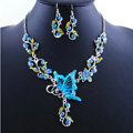 Vintage Wedding Bridal Jewelry Blue Rhinestone Butterfly Floral Gold Plated Chain Necklace Earrings Set