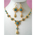 Vintage Wedding Bridal Jewelry Blue Rhinestone Flower Gold Plated Chain Necklace Earrings Set