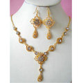 Vintage Wedding Bridal Jewelry Clear Rhinestone Flower Gold Plated Chain Necklace Earrings Set