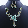 Vintage Wedding Bridal Jewelry Green Rhinestone Butterfly Floral Gold Plated Chain Necklace Earrings Set