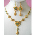 Vintage Wedding Bridal Jewelry Rhinestone Flower Green Gold Plated Chain Necklace Earrings Set