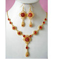 Vintage Wedding Bridal Jewelry Rhinestone Flower Sapphire Red Gold Plated Chain Necklace Earrings Set