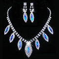 Vintage Wedding Bridal Jewelry Sapphire Blue Rhinestone Diamond Bib Necklace Earrings Set