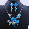 Wholesale Vintage Wedding Bridal Jewelry Alloy Tassel Flower Blue Rhinestone Necklace Earrings Set
