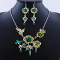 Wholesale Vintage Wedding Bridal Jewelry Alloy Tassel Flower Green Rhinestone Necklace Earrings Set