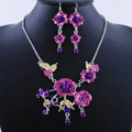 Wholesale Vintage Wedding Bridal Jewelry Alloy Tassel Flower Purple Rhinestone Necklace Earrings Set