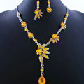 Wholesale Vintage Wedding Bridal Jewelry Alloy Water drops Flower Yellow Rhinestone Necklace Earrings Set