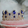 Luxurious European Style Large Blue Gem Crystal Pageant Tiaras Wedding Bridal Hair Rhinestone Crown