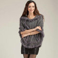 Autumn Winter Real Rabbit Fur Shawl Women Sweater Poncho With Hoody Knitted Pullovers Grey