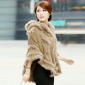 Autumn Winter Real Rabbit Fur Shawl Women Sweater Poncho With Hoody Knitted Pullovers khaki