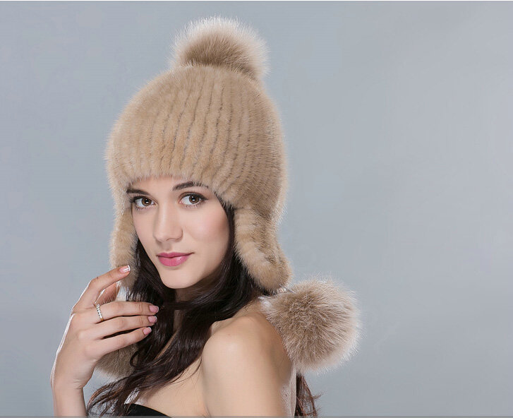 Buy Wholesale Winter Genuine Cross Mink Fur Caps With Fox Fur Pom Poms ...