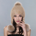 Calssic Winter Genuine Mink Fur Caps With Fox Fur Pom Poms Women Knitted Bomber Hat - Camel
