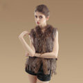 Elegant Real Rabbit Fur Vest Raccoon Fur Collar Women Knitted Winter Warm Fur Gilet - Khaki