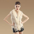 Elegant Real Rabbit Fur Vest Raccoon Fur Collar Women Knitted Winter Warm Fur Waistcoats - Beige