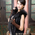 Extreme Luxury Women Natural Rabbit Fur Vest With Hooded Large Raccoon Fur Collar Gilet - Black