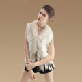 Fashion Real Rabbit Fur Vest Raccoon Fur Collar Women Knitted Winter Fur Waistcoats - White
