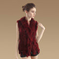 Fashion Real Rabbit Fur Vest Raccoon Fur Collar Women Knitted Winter Fur Waistcoats - Wine Red