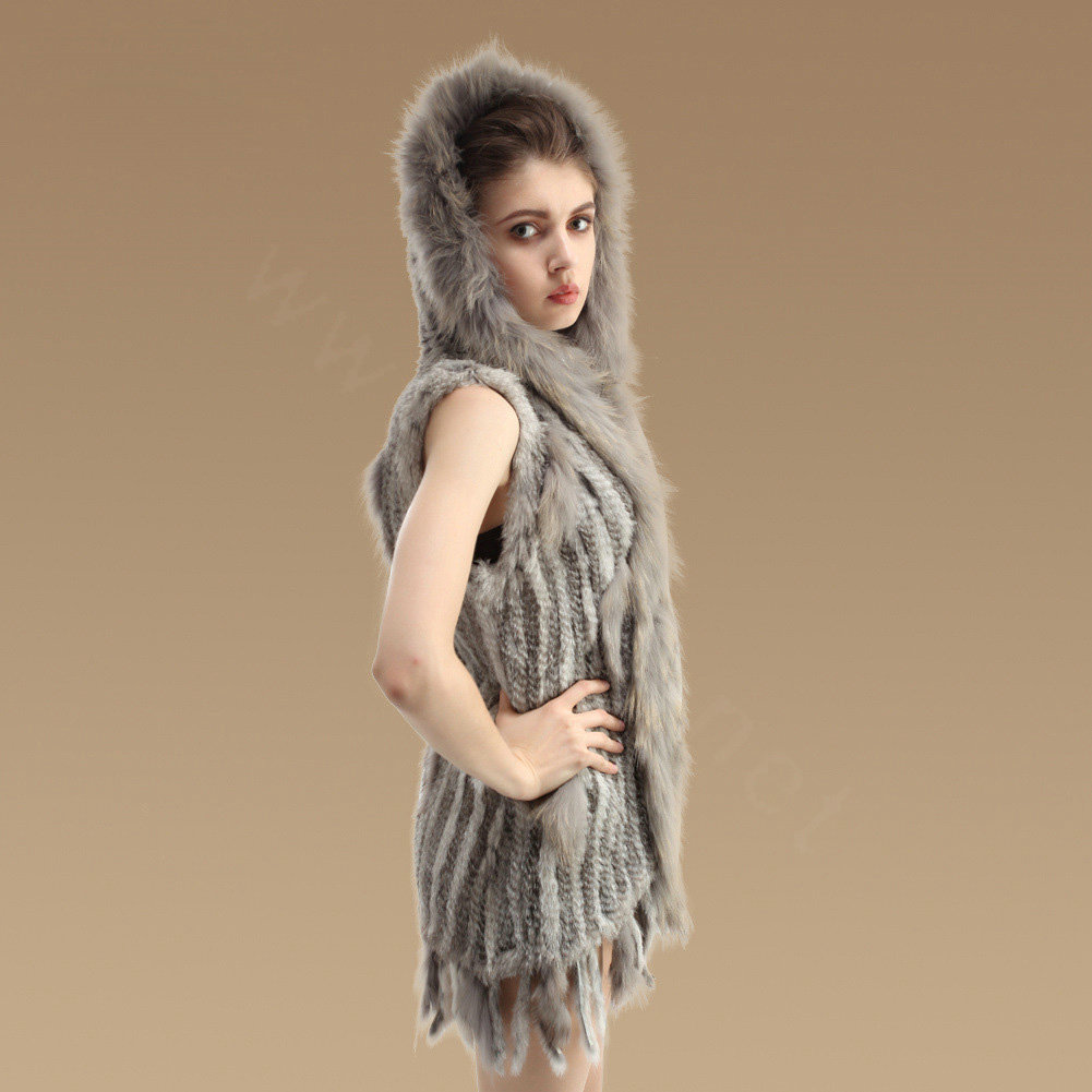Uilor Women's 100% Natural Knit Rabbit Fur Vest With Raccoon Fur Collar at   Women's Coats Shop