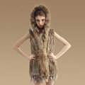 Fashion Real Rabbit Fur Vests Winter kint Women's Raccoon Fur Hooded Gilet - Natural Yellow