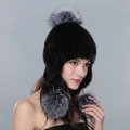 Fashion Winter Genuine Mink Fur Caps With Fox Fur Pom Poms Women Knitted Bomber Hat - Black