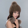 Fashion Winter Genuine Mink Fur Caps With Fox Fur Pom Poms Women Knitted Bomber Hat - Brown