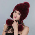 Fashion Winter Genuine Mink Fur Caps With Fox Fur Pom Poms Women Knitted Bomber Hat - Wine Red