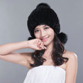 Fashion Winter Real Mink Fur Hat With Fox Fur Pom Poms Women Knitted Beanies Caps - Black