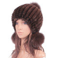 Fashion Winter Real Mink Fur Hat With Fox Fur Pom Poms Women Knitted Beanies Caps - Coffee