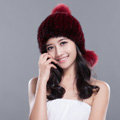 Fashion Winter Real Mink Fur Hat With Fox Fur Pom Poms Women Knitted Beanies Caps - Wine Red