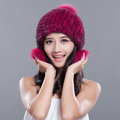 Fashion Winter Real Mink Fur Hat With Fox Fur Pom Poms Women Knitted Ear Protector Caps - Rose Black