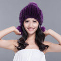 Fashion Winter Real Mink Fur Hat With Fox Fur Pom Poms Women Knitted Ear Protector Caps - Violet