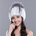 Gorgeous Winter Genuine Mink Fur Hat With Sliver Fox Fur Flower Top Women Knitted Beanies - White