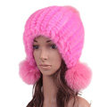 High Quality Real Mink Fur Hat With Fox Fur Balls Women Winter Knitted Beanies Dome Caps - Pink