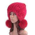 High Quality Real Mink Fur Hat With Fox Fur Balls Women Winter Knitted Beanies Dome Caps - Pure Red