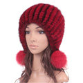 High Quality Real Mink Fur Hat With Fox Fur Balls Women Winter Knitted Beanies Dome Caps - Red