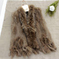 Hot sales High Quality Real Rabbit Fur Vest Raccoon Fur Collar Women Knitted Fur Gilet - Camel