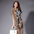 Luxurious Fashion Knitted Real Rabbit Fur Shawl Womens Tassels Pocket Long Fur Scarves Wrap - Natural Yellow