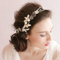 Luxurious Gold Leaf Crystal Beads Pearl Wedding Bridal Hairbands Women Hair Ribbon Accessories