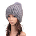 Luxury Genuine Whole Mink Fur Hats With Fox Fur Ball Women Winter Knitted Beanies - Blue Grey
