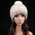 Luxury Genuine Whole Mink Fur Hats With Fox Fur Ball Women Winter Knitted Beanies - White Grey