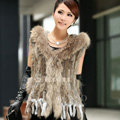 Luxury Women Natural Rabbit Fur Vest With Hooded Large Raccoon Fur Collar Tassels Gilet - Brown