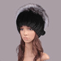 Luxury Women Winter Knitted Beanies Genuine Mink Fur Hat With Silver Fox Fur Pom Poms Top - Black
