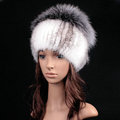 Luxury Women Winter Knitted Beanies Genuine Mink Fur Hat With Silver Fox Fur Pom Poms Top - White Grey