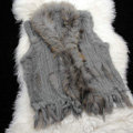 New Arrival Fashion Real Rabbit Fur Vest Raccoon Fur Collar Women Knitted Fur Waistcoat - Grey
