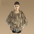 New Fashion Women Genuine Knitted Rabbit Fur Shawl With Raccoon Fur Tassels Pullover - Brown