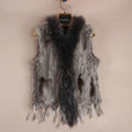 New High Quality Real Rabbit Fur Vest Raccoon Fur Collar Women Knitted Fur Gilet - Dark Grey